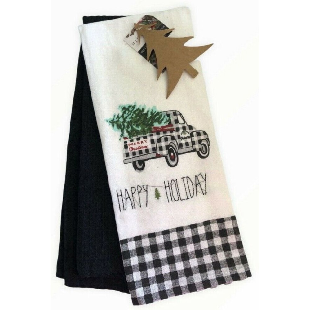 Christmas Kitchen Dish Towels Embroidered Happy Black Buffalo Check Set of 2